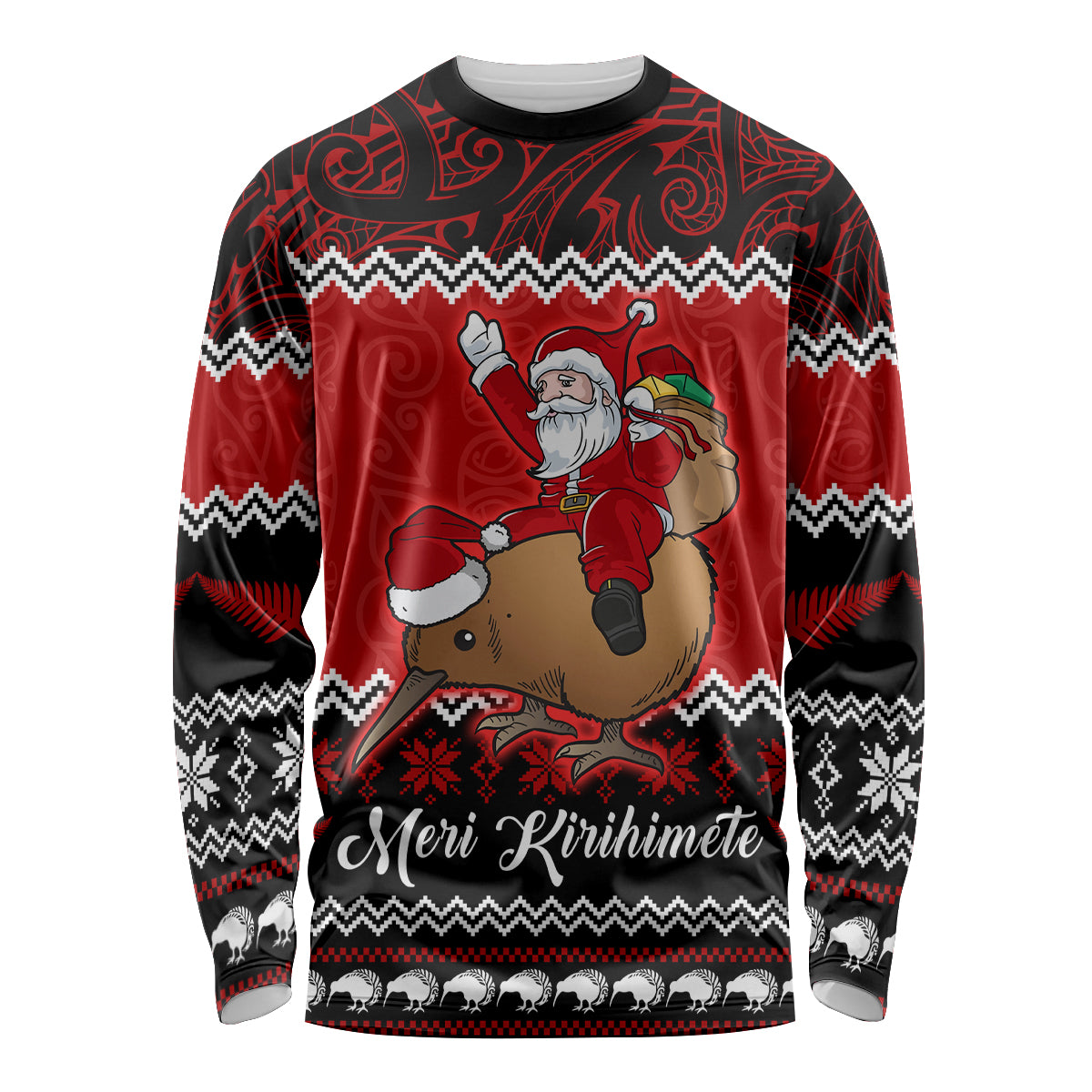 Personalised New Zealand Christmas Long Sleeve Shirt Kiwi Santa Claus Maori Meri Kirihimete - Wonder Print Shop