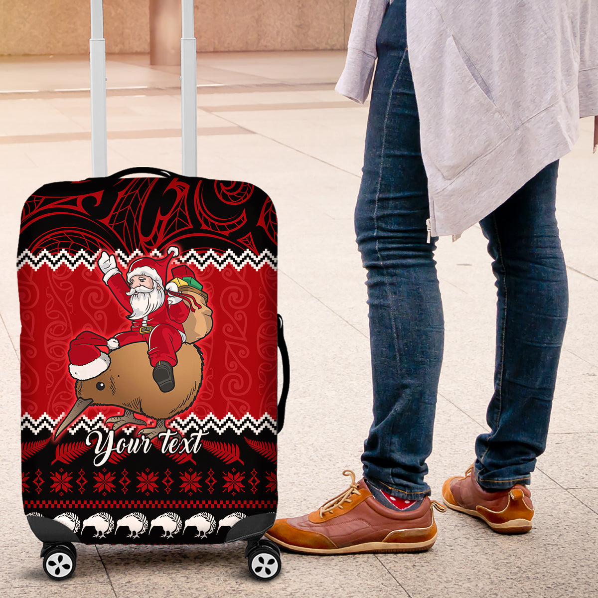 Personalised New Zealand Christmas Luggage Cover Kiwi Santa Claus Maori Meri Kirihimete - Wonder Print Shop