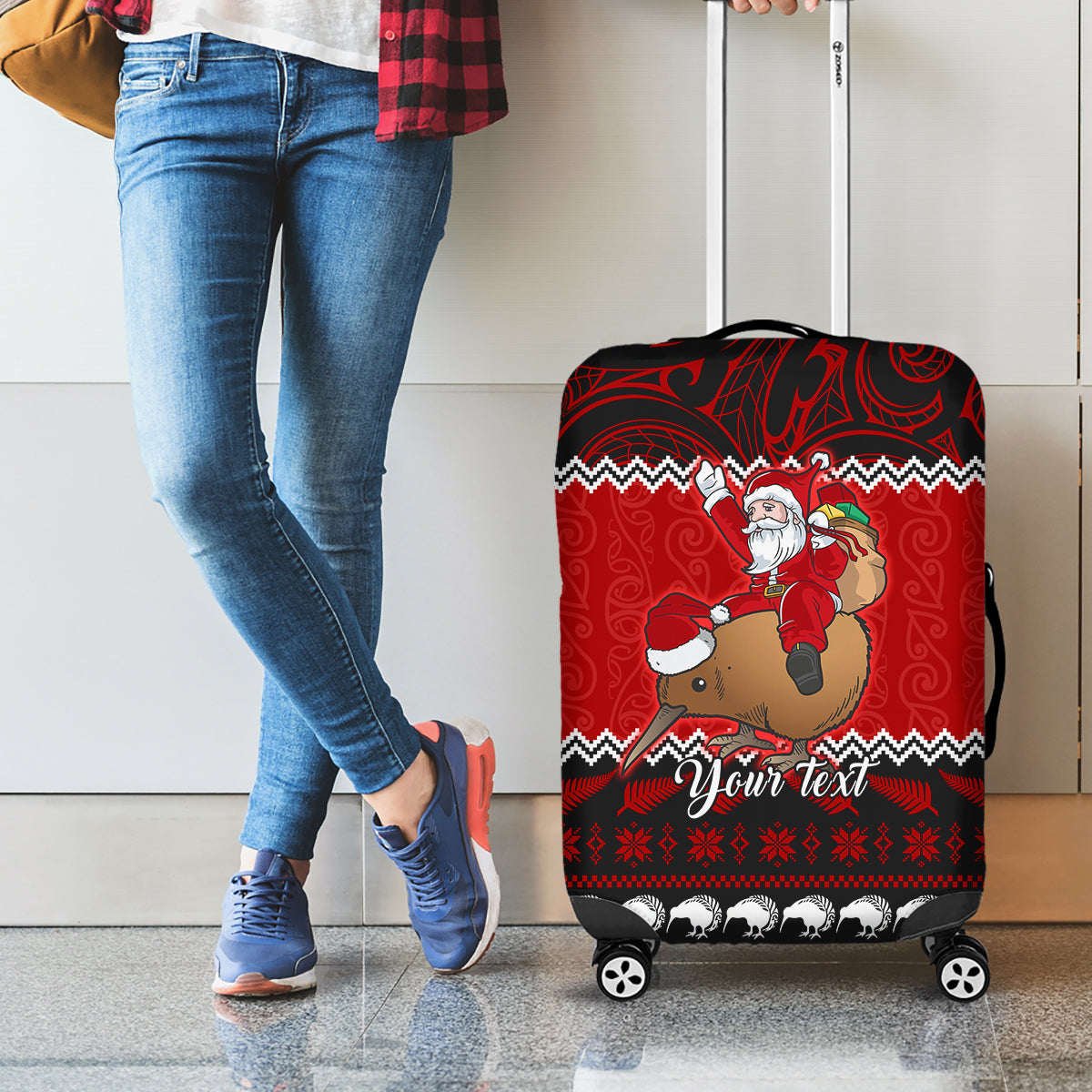 Personalised New Zealand Christmas Luggage Cover Kiwi Santa Claus Maori Meri Kirihimete - Wonder Print Shop