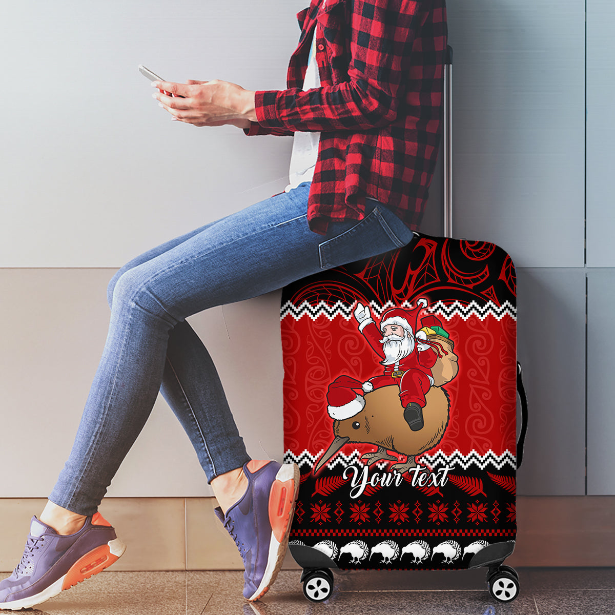 Personalised New Zealand Christmas Luggage Cover Kiwi Santa Claus Maori Meri Kirihimete - Wonder Print Shop