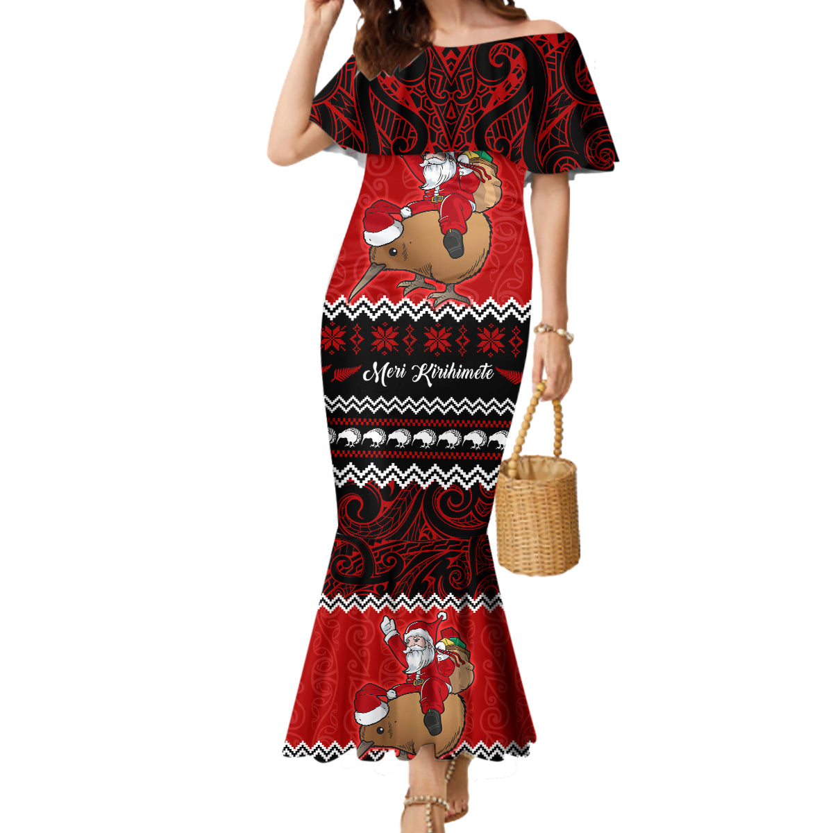 Personalised New Zealand Christmas Mermaid Dress Kiwi Santa Claus Maori Meri Kirihimete - Wonder Print Shop