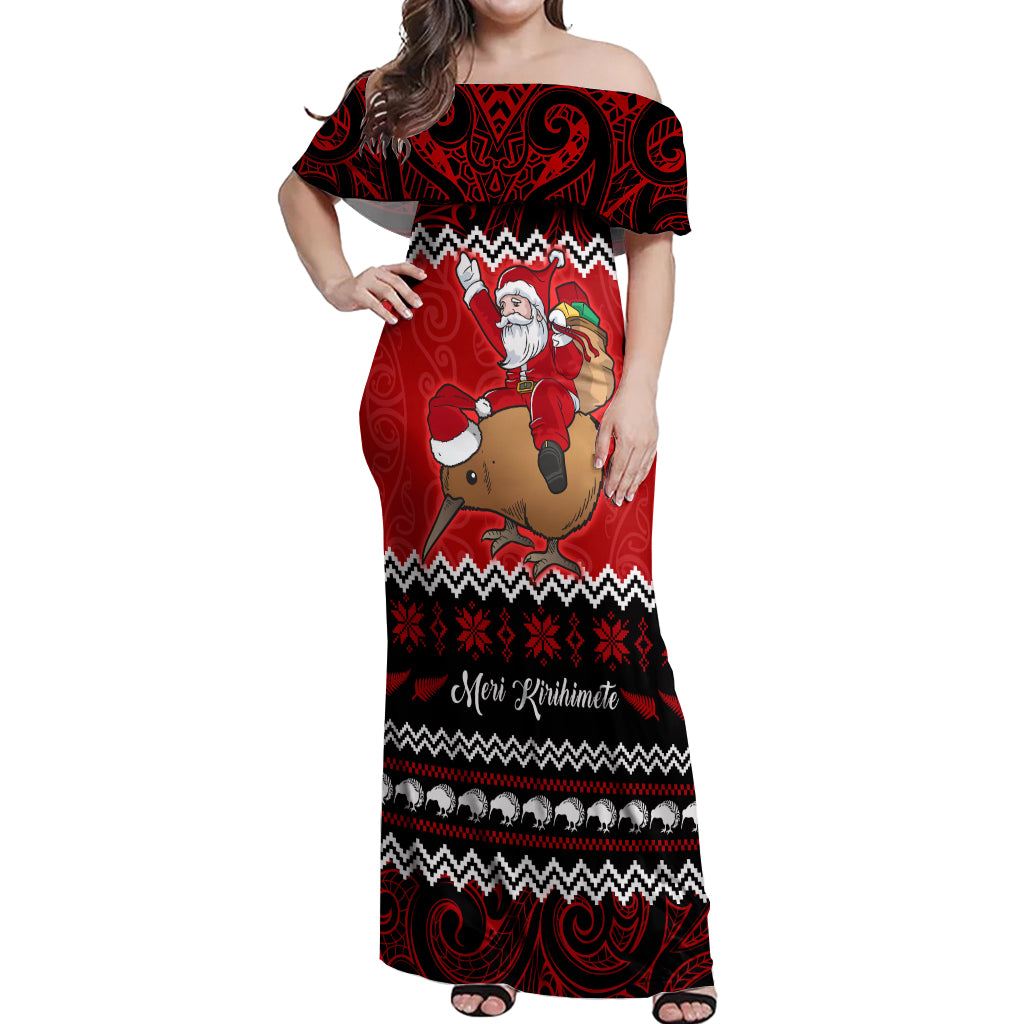 Personalised New Zealand Christmas Off Shoulder Maxi Dress Kiwi Santa Claus Maori Meri Kirihimete - Wonder Print Shop