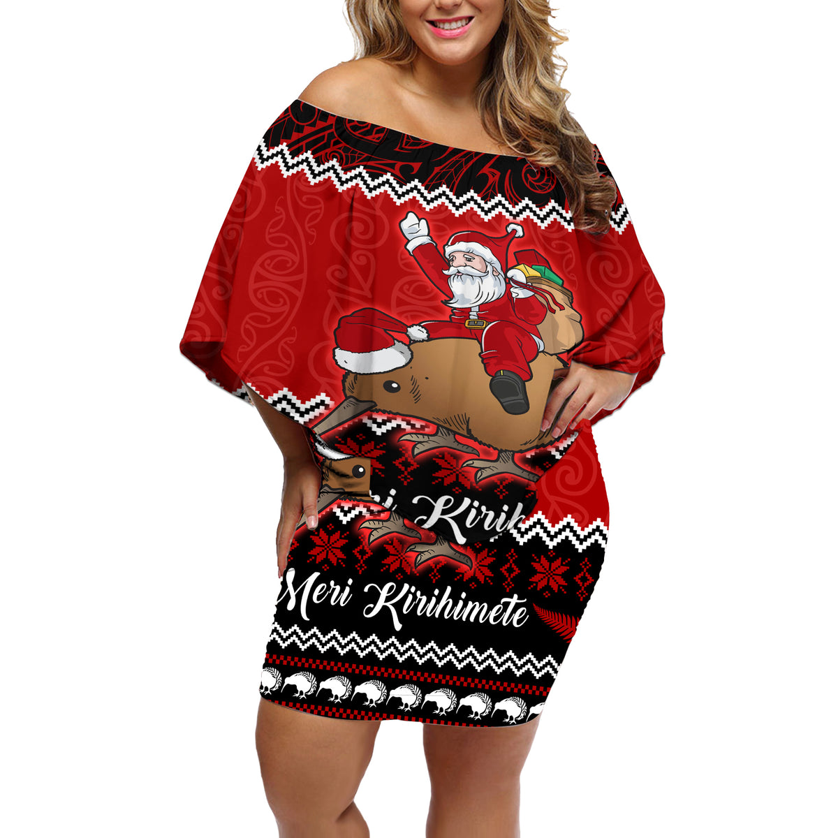 Personalised New Zealand Christmas Off Shoulder Short Dress Kiwi Santa Claus Maori Meri Kirihimete - Wonder Print Shop
