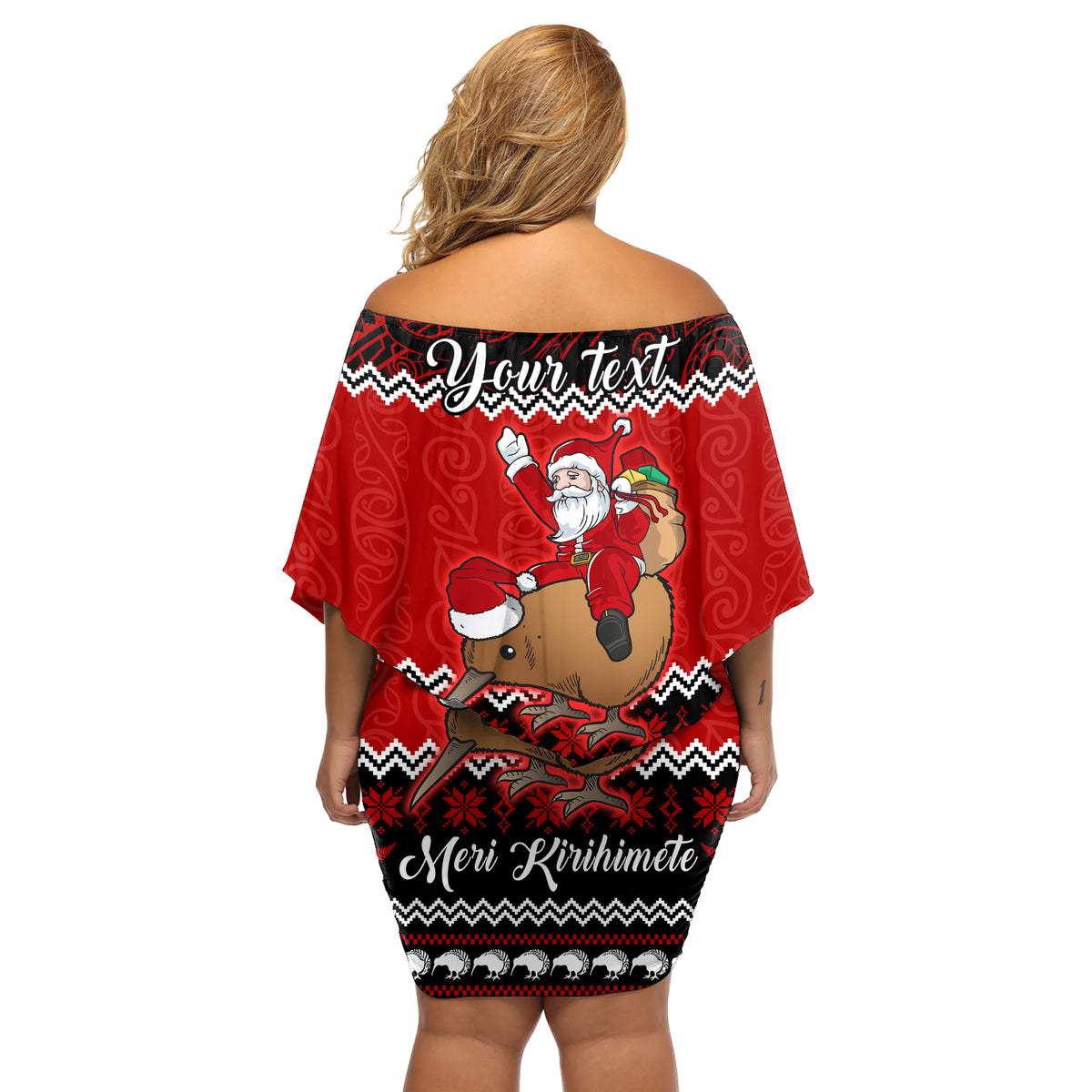 Personalised New Zealand Christmas Off Shoulder Short Dress Kiwi Santa Claus Maori Meri Kirihimete - Wonder Print Shop