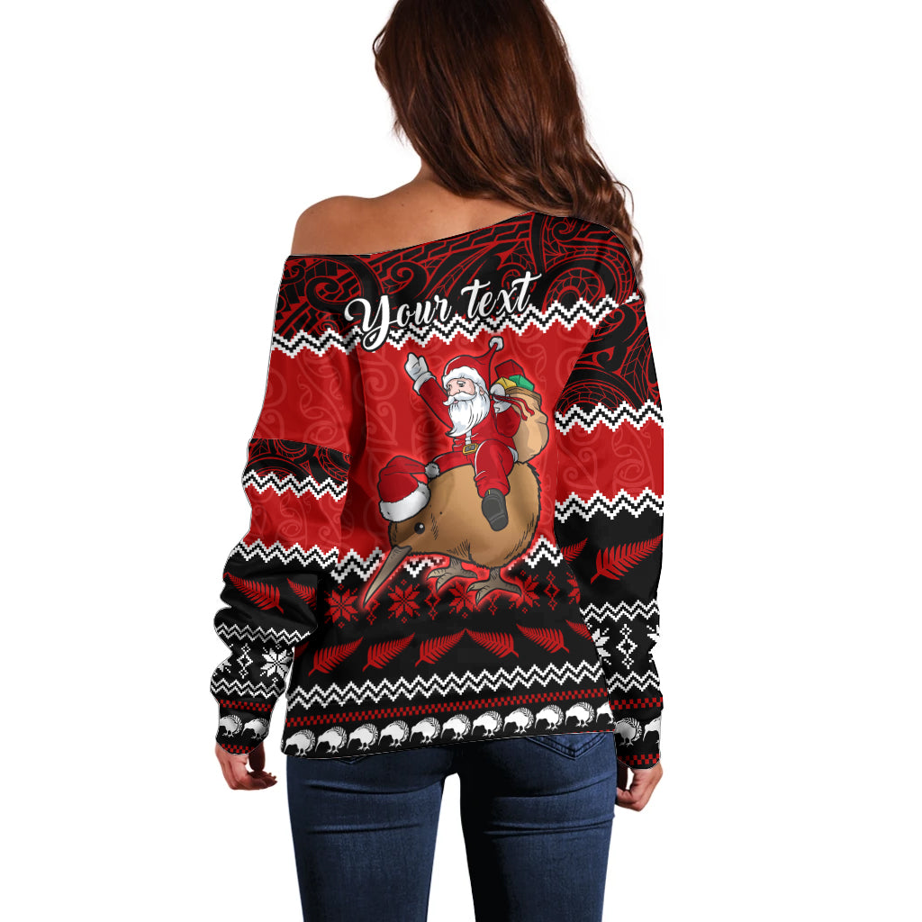 Personalised New Zealand Christmas Off Shoulder Sweater Kiwi Santa Claus Maori Meri Kirihimete - Wonder Print Shop