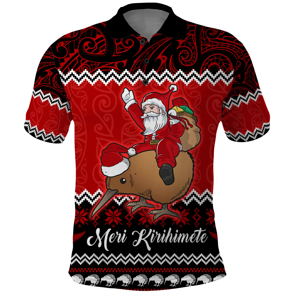 Personalised New Zealand Christmas Polo Shirt Kiwi Santa Claus Maori Meri Kirihimete - Wonder Print Shop