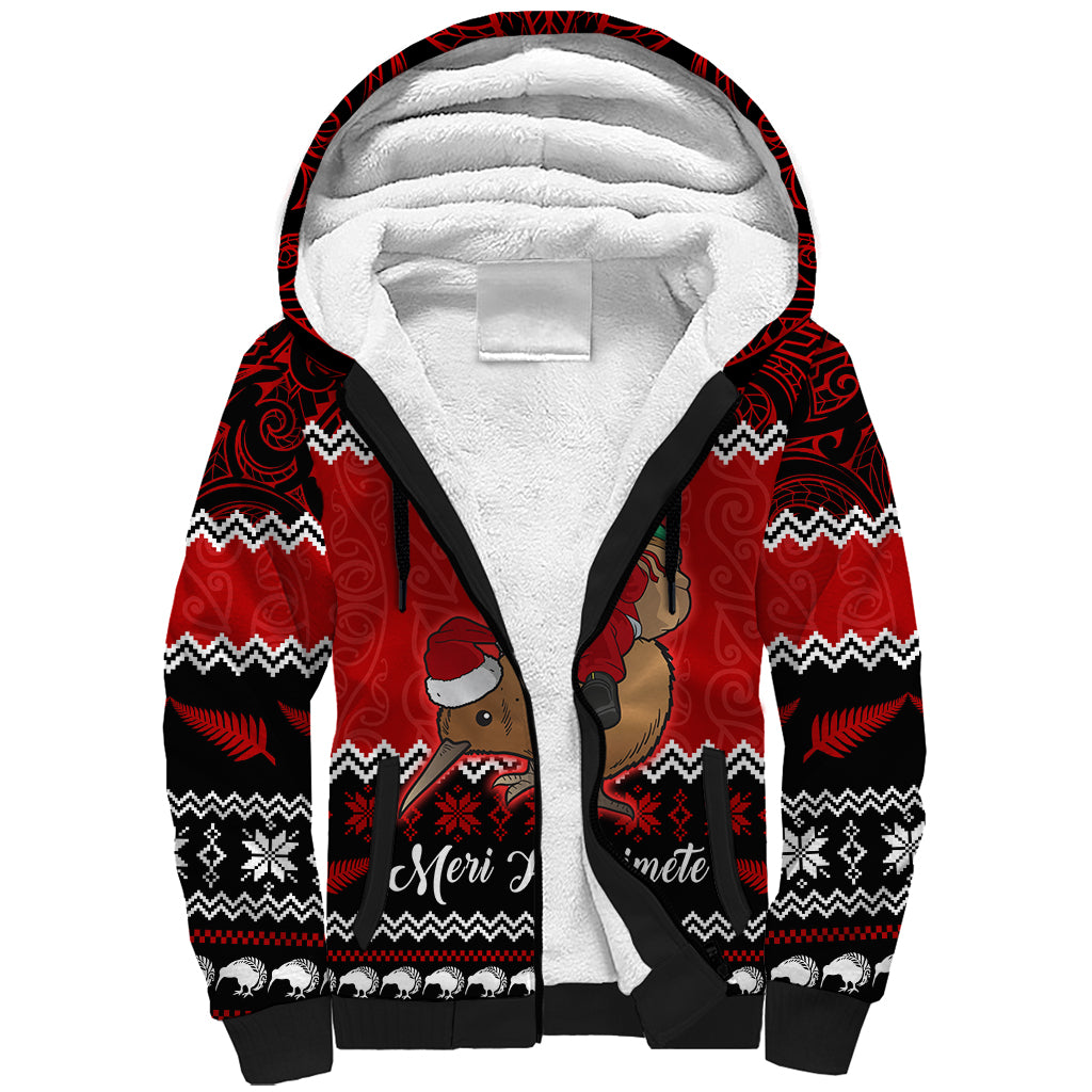 Personalised New Zealand Christmas Sherpa Hoodie Kiwi Santa Claus Maori Meri Kirihimete - Wonder Print Shop