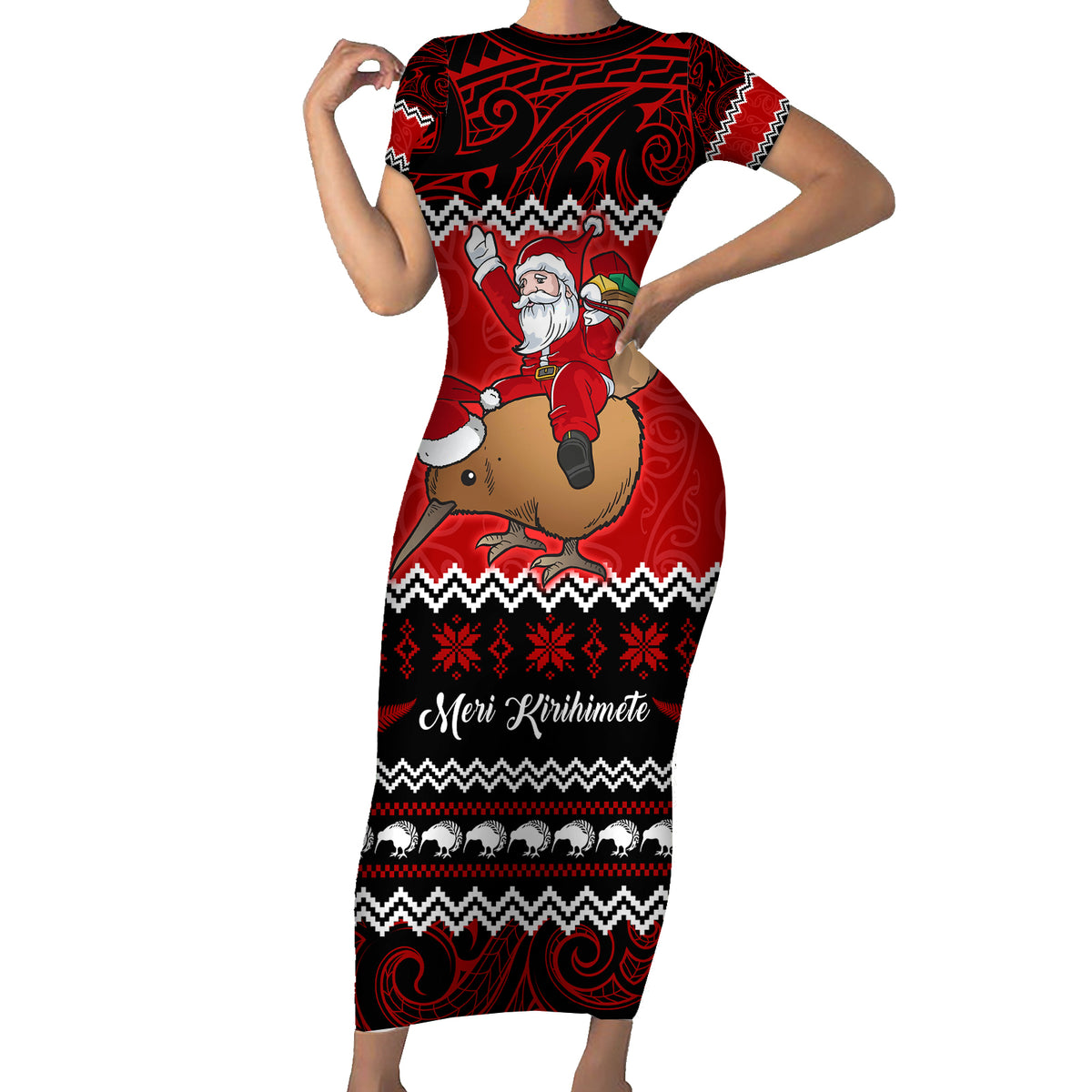 Personalised New Zealand Christmas Short Sleeve Bodycon Dress Kiwi Santa Claus Maori Meri Kirihimete - Wonder Print Shop