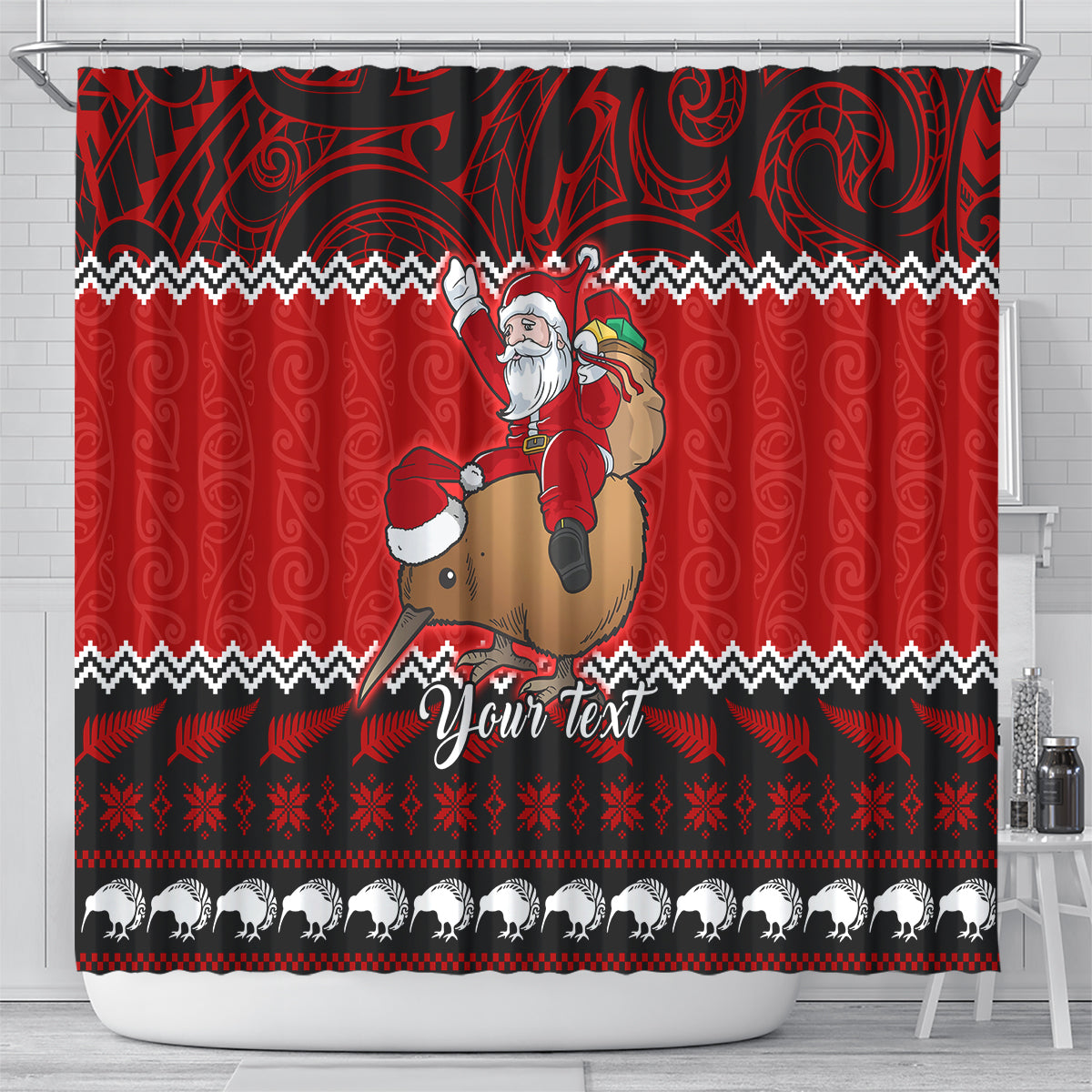 personalised-new-zealand-christmas-shower-curtain-kiwi-santa-claus-maori-meri-kirihimete