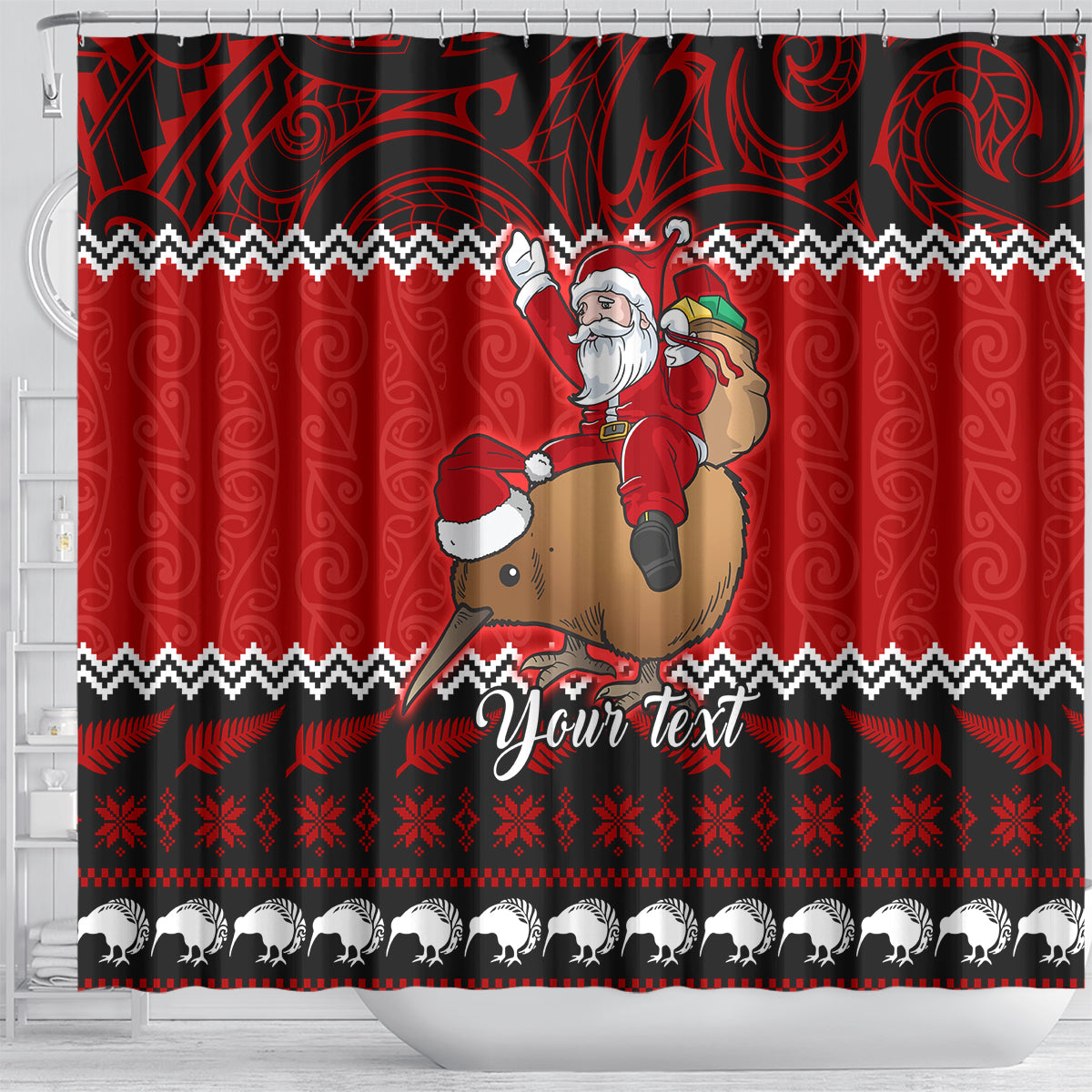 personalised-new-zealand-christmas-shower-curtain-kiwi-santa-claus-maori-meri-kirihimete