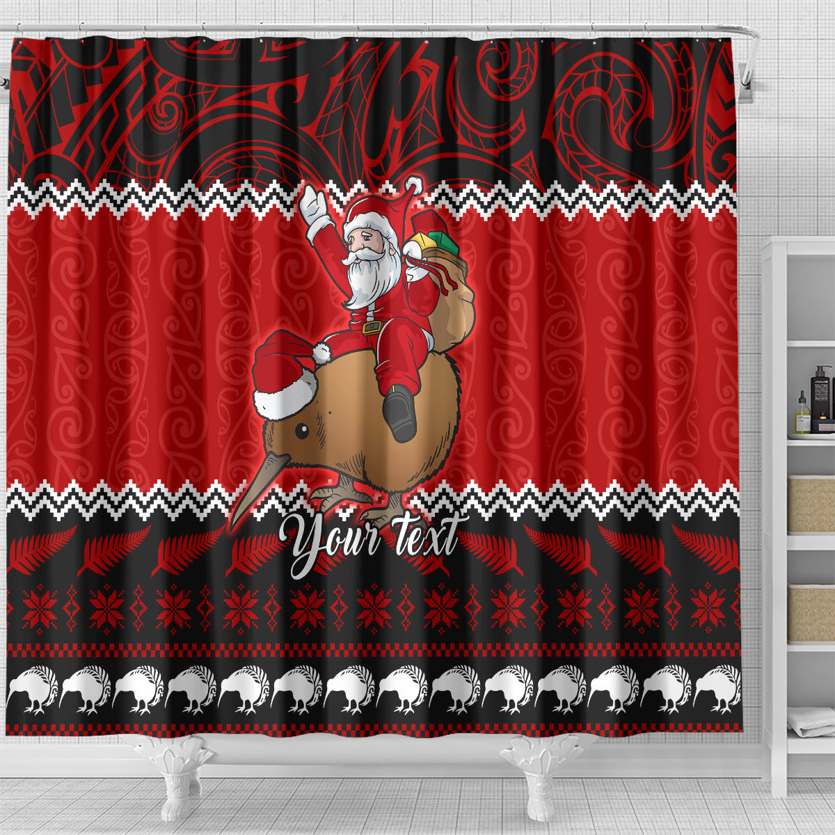 personalised-new-zealand-christmas-shower-curtain-kiwi-santa-claus-maori-meri-kirihimete