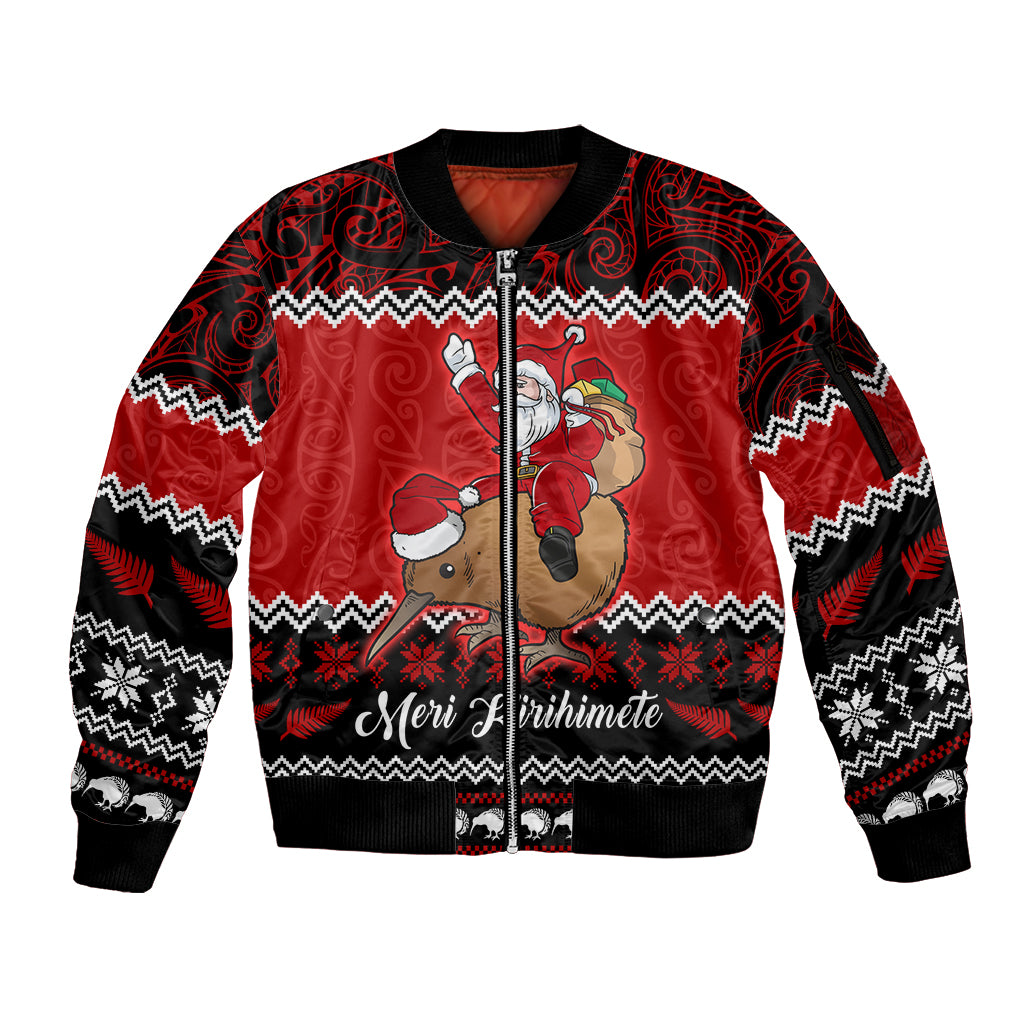 Personalised New Zealand Christmas Sleeve Zip Bomber Jacket Kiwi Santa Claus Maori Meri Kirihimete - Wonder Print Shop