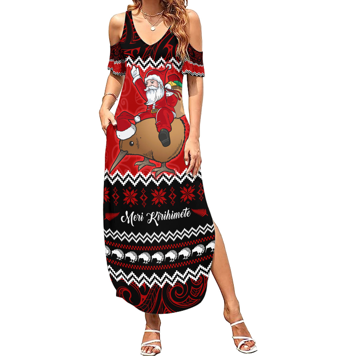 Personalised New Zealand Christmas Summer Maxi Dress Kiwi Santa Claus Maori Meri Kirihimete - Wonder Print Shop