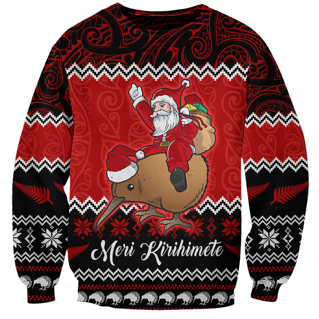 Personalised New Zealand Christmas Sweatshirt Kiwi Santa Claus Maori Meri Kirihimete - Wonder Print Shop
