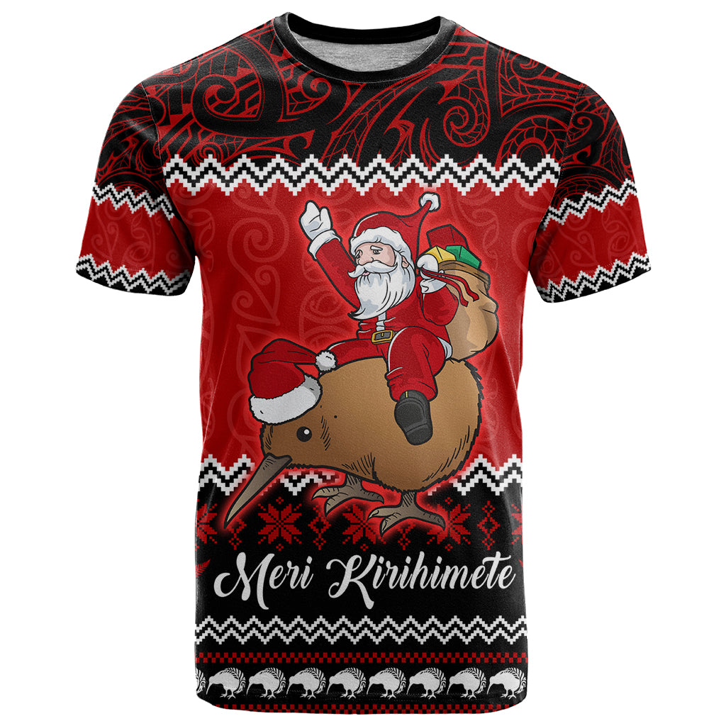 Personalised New Zealand Christmas T Shirt Kiwi Santa Claus Maori Meri Kirihimete - Wonder Print Shop