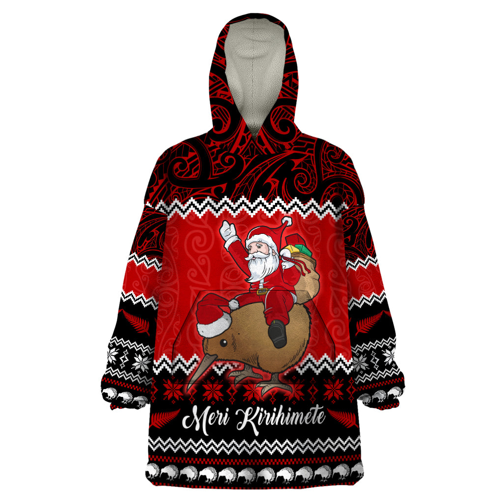 Personalised New Zealand Christmas Wearable Blanket Hoodie Kiwi Santa Claus Maori Meri Kirihimete - Wonder Print Shop
