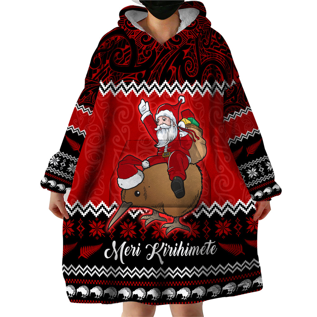 Personalised New Zealand Christmas Wearable Blanket Hoodie Kiwi Santa Claus Maori Meri Kirihimete - Wonder Print Shop