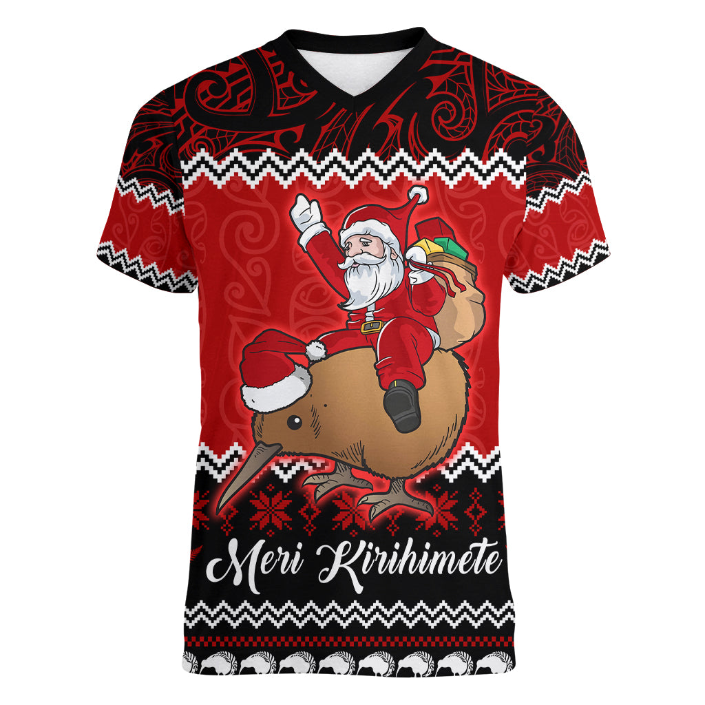 Personalised New Zealand Christmas Women V Neck T Shirt Kiwi Santa Claus Maori Meri Kirihimete - Wonder Print Shop