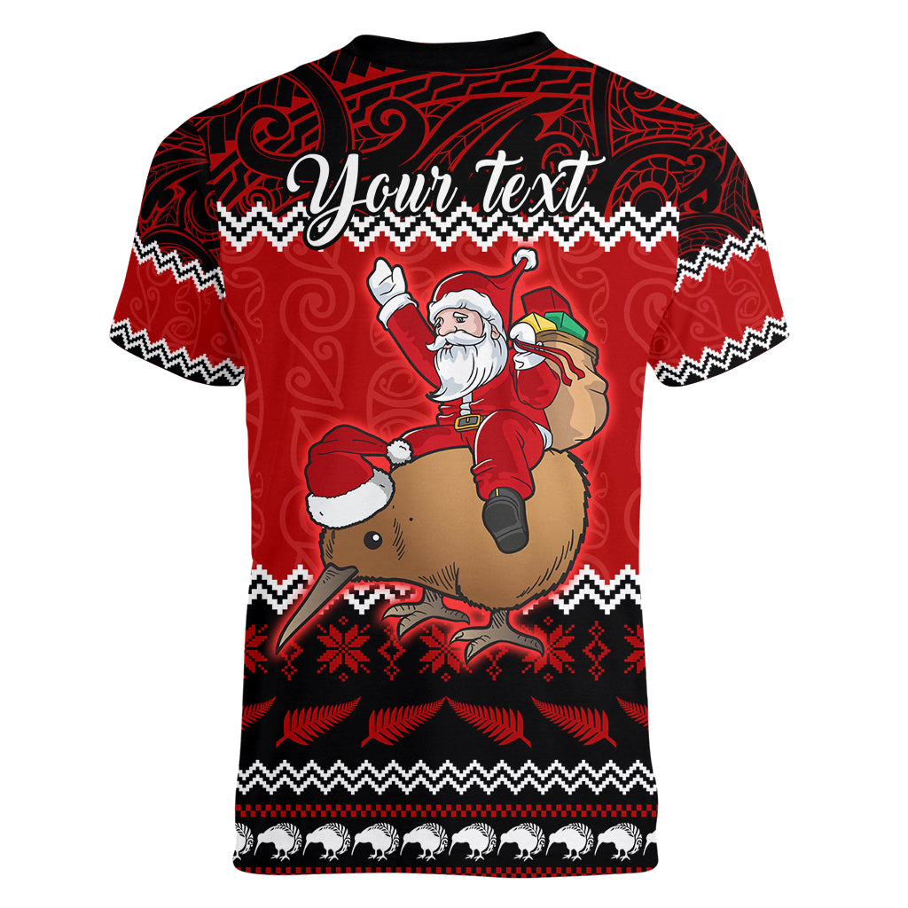 Personalised New Zealand Christmas Women V Neck T Shirt Kiwi Santa Claus Maori Meri Kirihimete - Wonder Print Shop