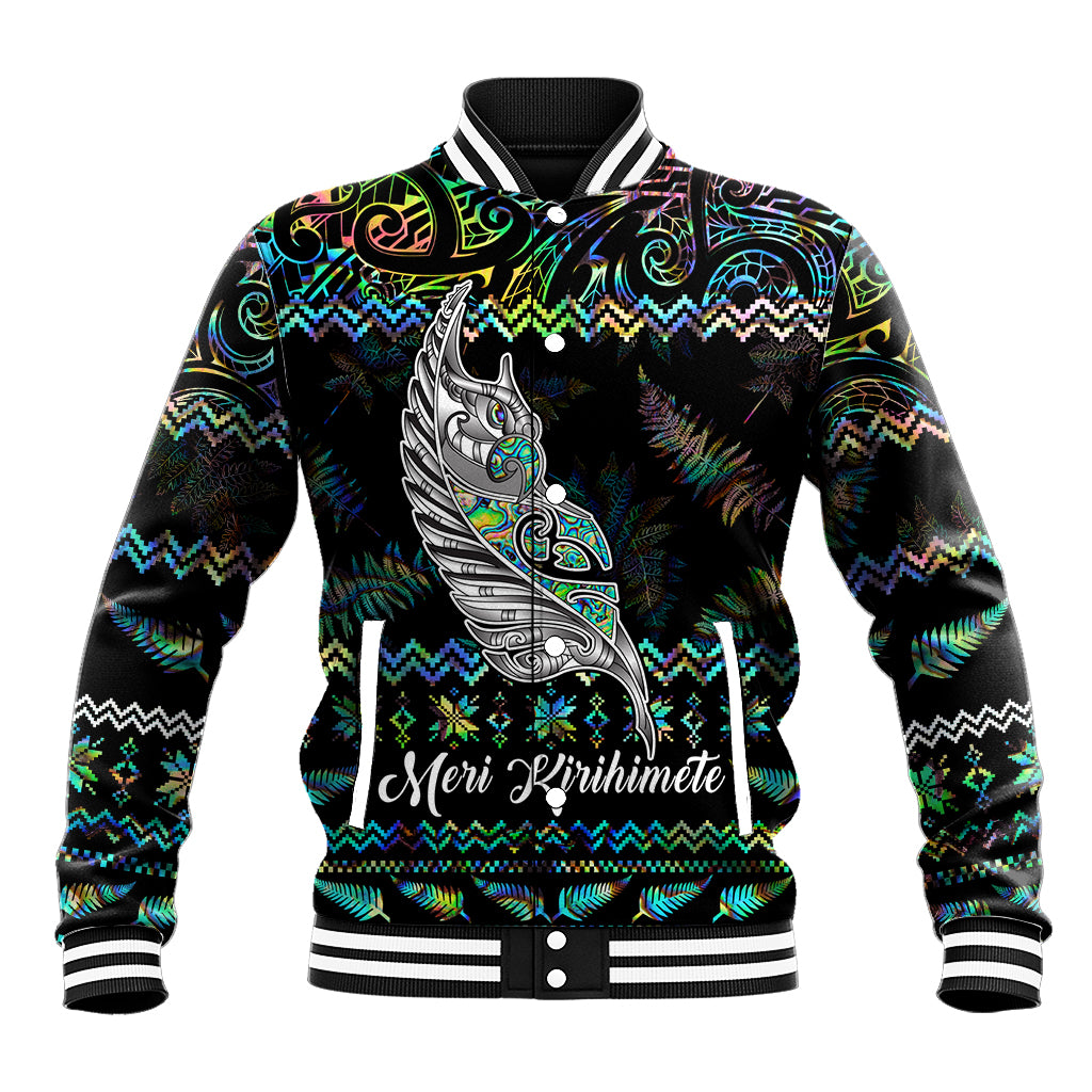 Personalised New Zealand Christmas Baseball Jacket Maori Fern Manaia Meri Kirihimete with Papaua Shell LT9 - Wonder Print Shop
