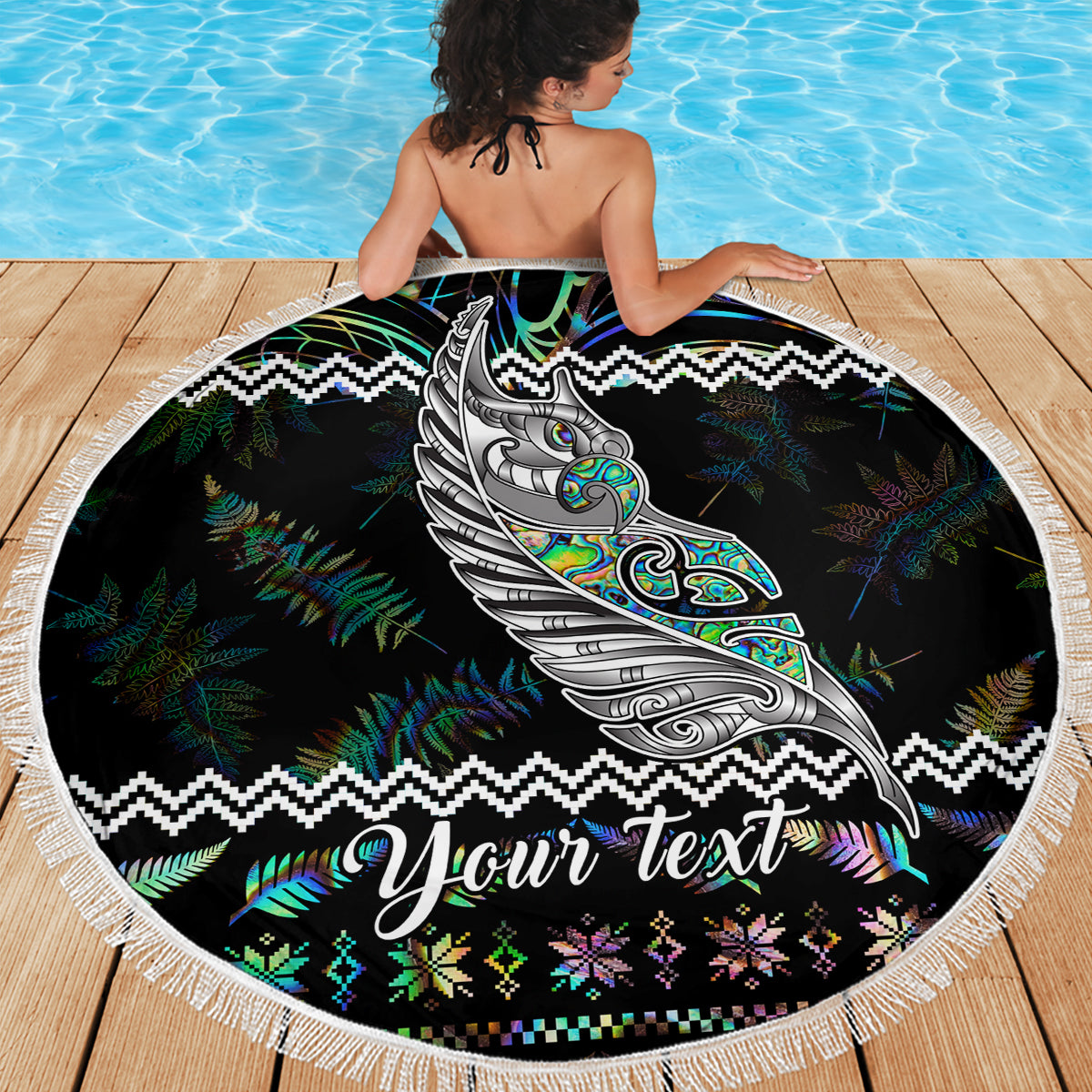 Personalised New Zealand Christmas Beach Blanket Maori Fern Manaia Meri Kirihimete with Papaua Shell LT9 - Wonder Print Shop