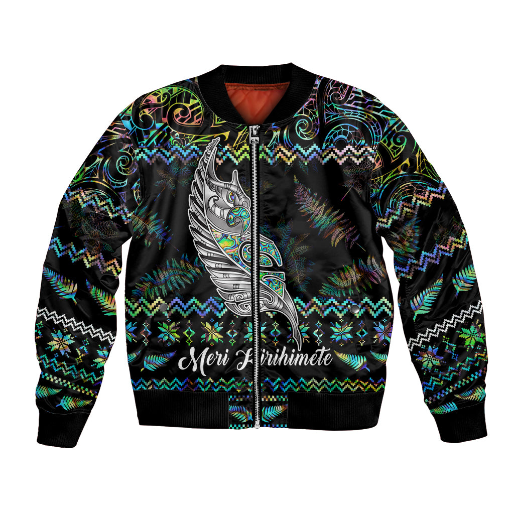 Personalised New Zealand Christmas Bomber Jacket Maori Fern Manaia Meri Kirihimete with Papaua Shell LT9 - Wonder Print Shop
