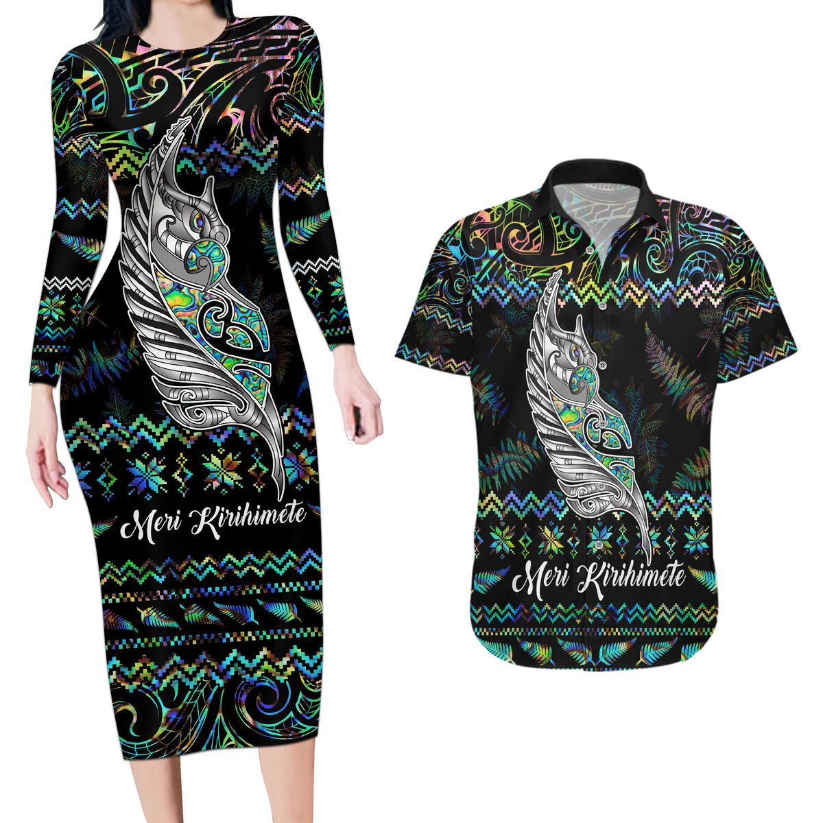 Personalised New Zealand Christmas Couples Matching Long Sleeve Bodycon Dress and Hawaiian Shirt Maori Fern Manaia Meri Kirihimete with Papaua Shell LT9 - Wonder Print Shop