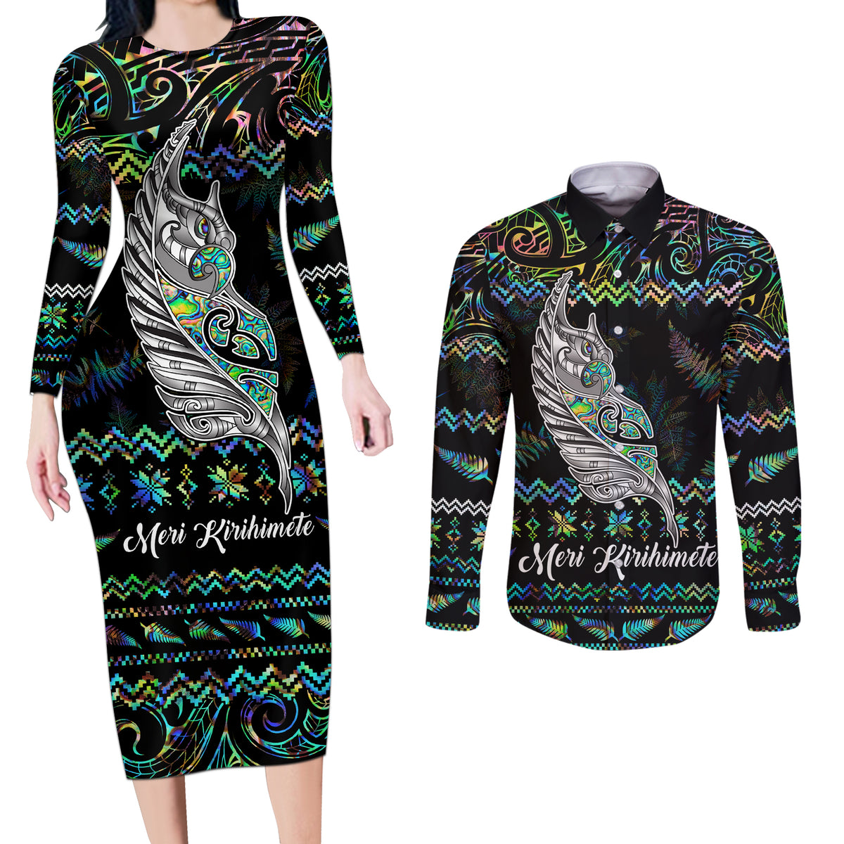 Personalised New Zealand Christmas Couples Matching Long Sleeve Bodycon Dress and Long Sleeve Button Shirt Maori Fern Manaia Meri Kirihimete with Papaua Shell LT9 - Wonder Print Shop