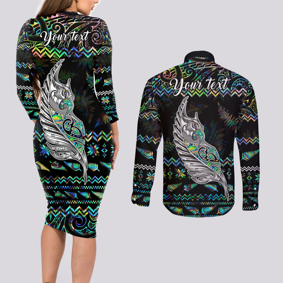 Personalised New Zealand Christmas Couples Matching Long Sleeve Bodycon Dress and Long Sleeve Button Shirt Maori Fern Manaia Meri Kirihimete with Papaua Shell LT9 - Wonder Print Shop