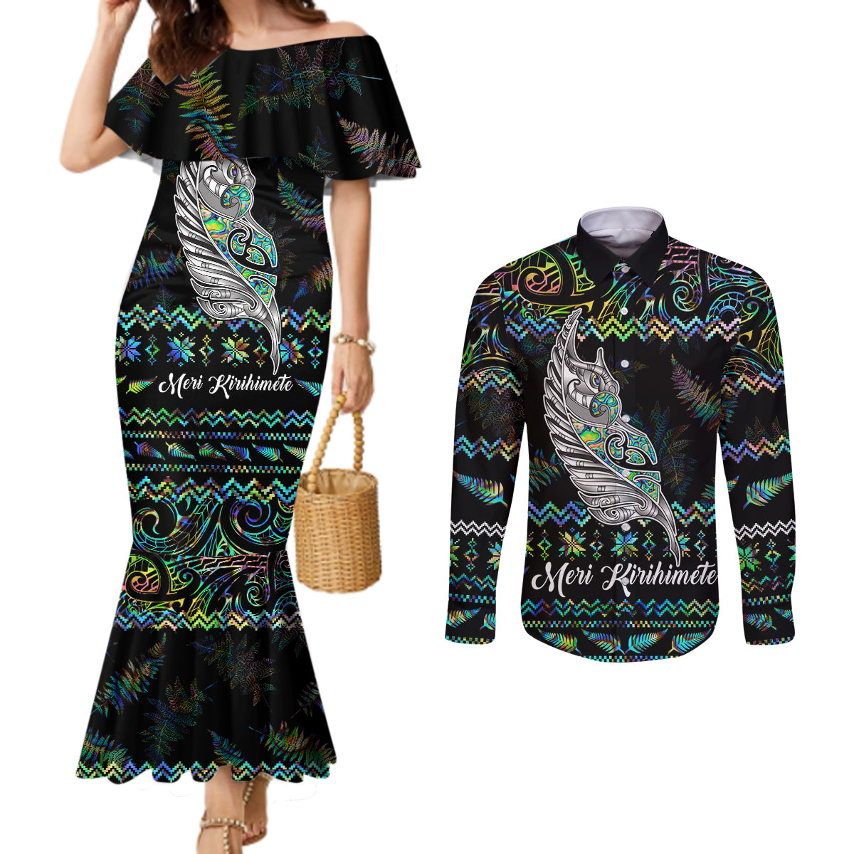 personalised-new-zealand-christmas-couples-matching-mermaid-dress-and-long-sleeve-button-shirt-maori-fern-manaia-meri-kirihimete-with-papaua-shell