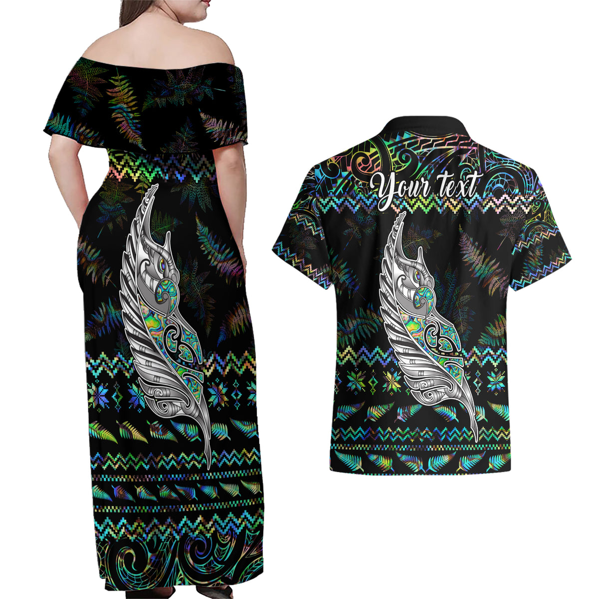 Personalised New Zealand Christmas Couples Matching Off Shoulder Maxi Dress and Hawaiian Shirt Maori Fern Manaia Meri Kirihimete with Papaua Shell LT9 - Wonder Print Shop