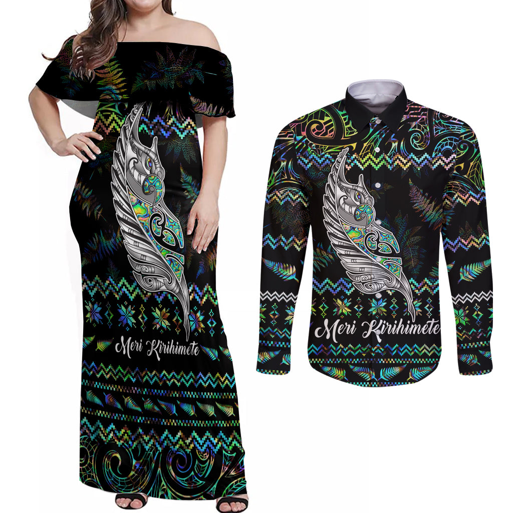Personalised New Zealand Christmas Couples Matching Off Shoulder Maxi Dress and Long Sleeve Button Shirt Maori Fern Manaia Meri Kirihimete with Papaua Shell LT9 - Wonder Print Shop