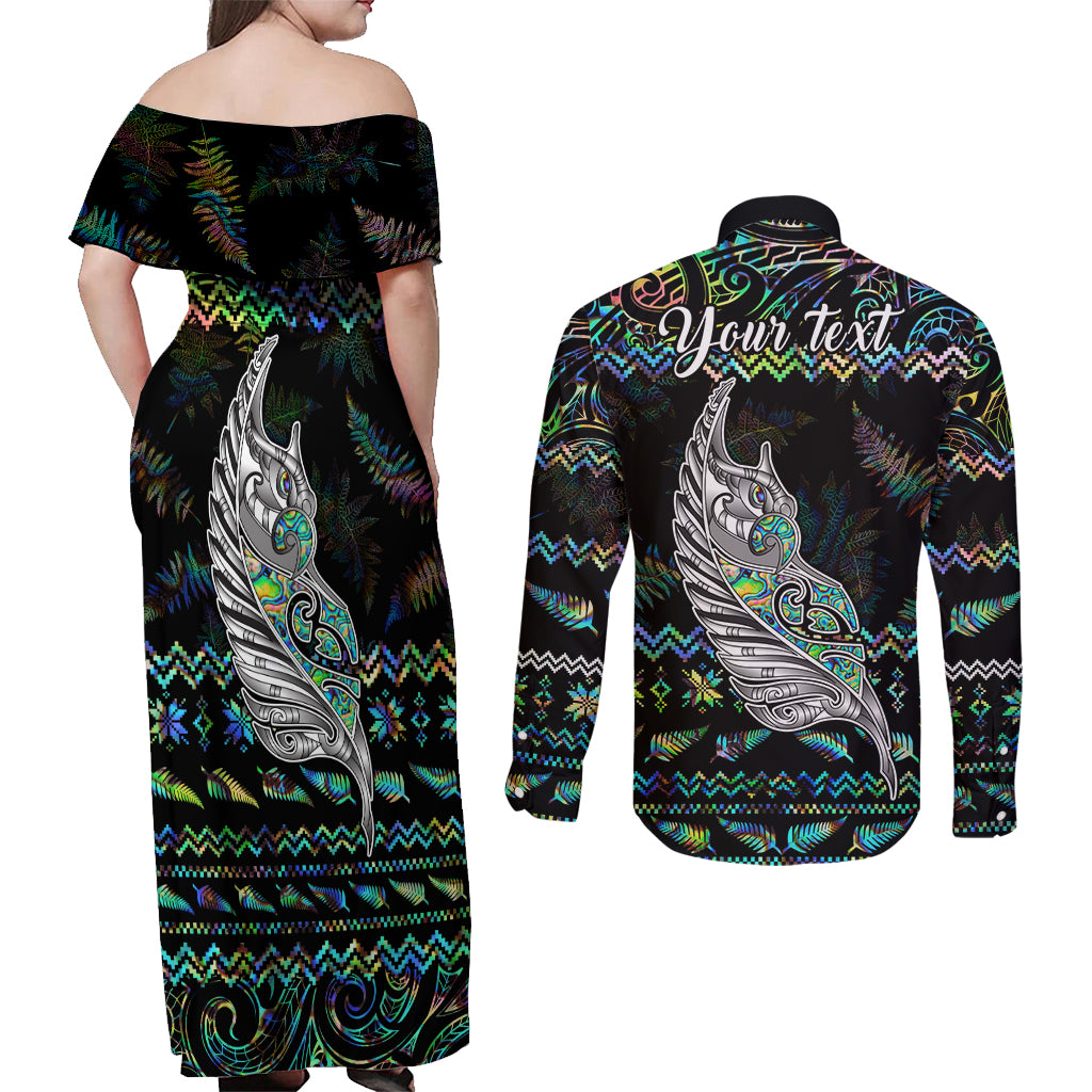 Personalised New Zealand Christmas Couples Matching Off Shoulder Maxi Dress and Long Sleeve Button Shirt Maori Fern Manaia Meri Kirihimete with Papaua Shell LT9 - Wonder Print Shop