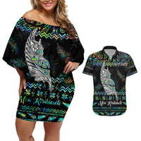 Personalised New Zealand Christmas Couples Matching Off Shoulder Short Dress and Hawaiian Shirt Maori Fern Manaia Meri Kirihimete with Papaua Shell LT9 - Wonder Print Shop