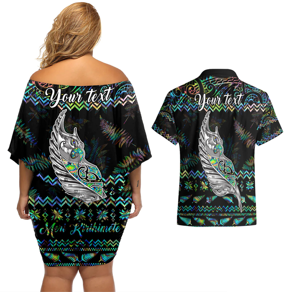 Personalised New Zealand Christmas Couples Matching Off Shoulder Short Dress and Hawaiian Shirt Maori Fern Manaia Meri Kirihimete with Papaua Shell LT9 - Wonder Print Shop