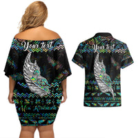 Personalised New Zealand Christmas Couples Matching Off Shoulder Short Dress and Hawaiian Shirt Maori Fern Manaia Meri Kirihimete with Papaua Shell LT9 - Wonder Print Shop