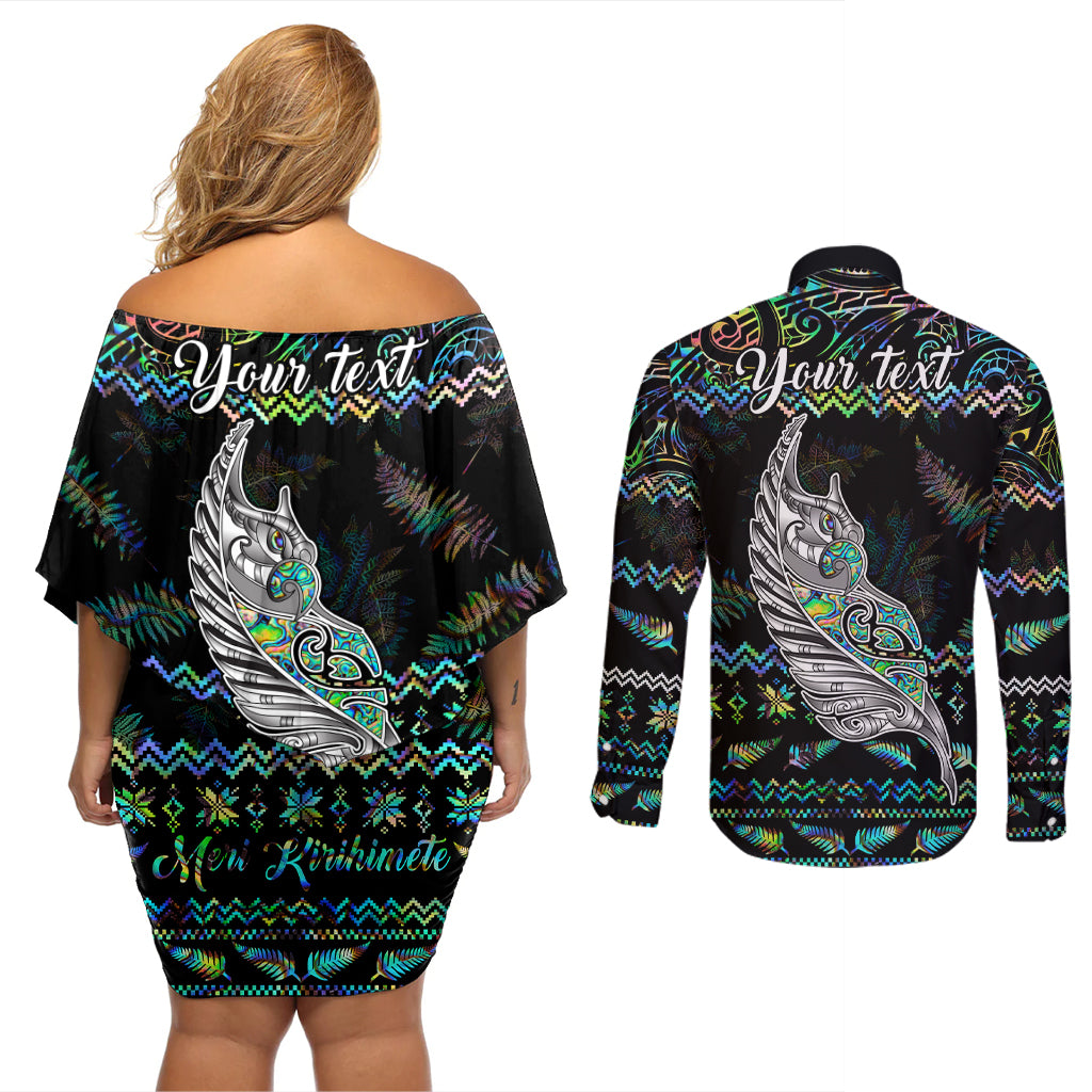 Personalised New Zealand Christmas Couples Matching Off Shoulder Short Dress and Long Sleeve Button Shirt Maori Fern Manaia Meri Kirihimete with Papaua Shell LT9 - Wonder Print Shop