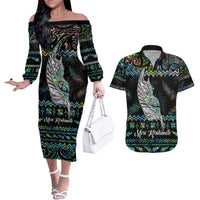 Personalised New Zealand Christmas Couples Matching Off The Shoulder Long Sleeve Dress and Hawaiian Shirt Maori Fern Manaia Meri Kirihimete with Papaua Shell LT9 - Wonder Print Shop