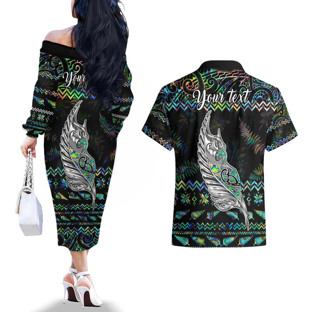 Personalised New Zealand Christmas Couples Matching Off The Shoulder Long Sleeve Dress and Hawaiian Shirt Maori Fern Manaia Meri Kirihimete with Papaua Shell LT9 - Wonder Print Shop