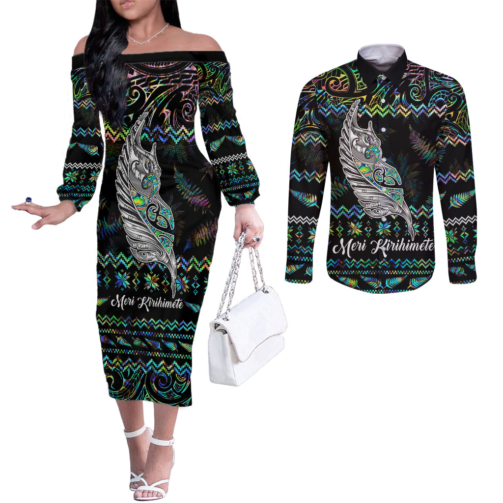 personalised-new-zealand-christmas-couples-matching-off-the-shoulder-long-sleeve-dress-and-long-sleeve-button-shirt-maori-fern-manaia-meri-kirihimete-with-papaua-shell