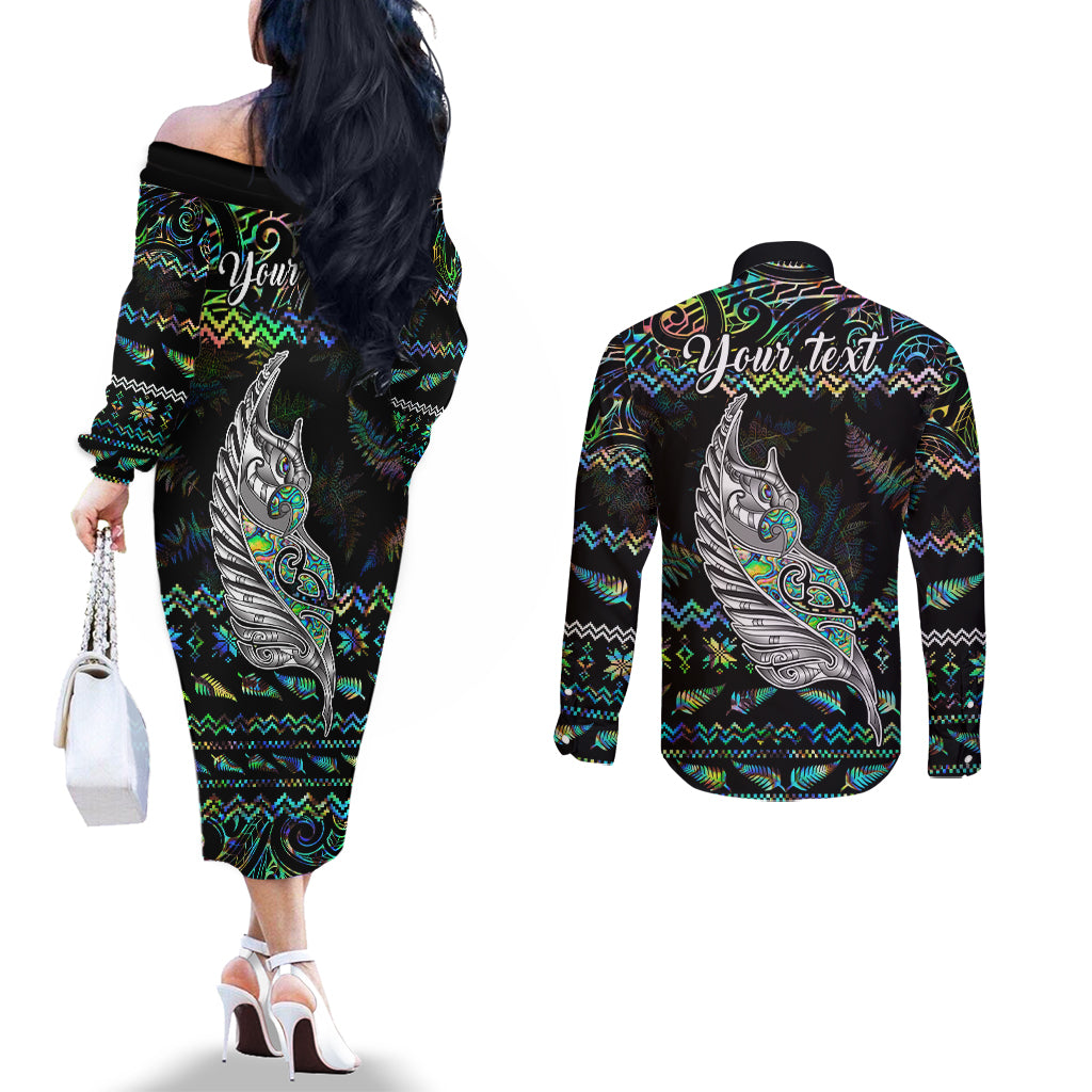 personalised-new-zealand-christmas-couples-matching-off-the-shoulder-long-sleeve-dress-and-long-sleeve-button-shirt-maori-fern-manaia-meri-kirihimete-with-papaua-shell