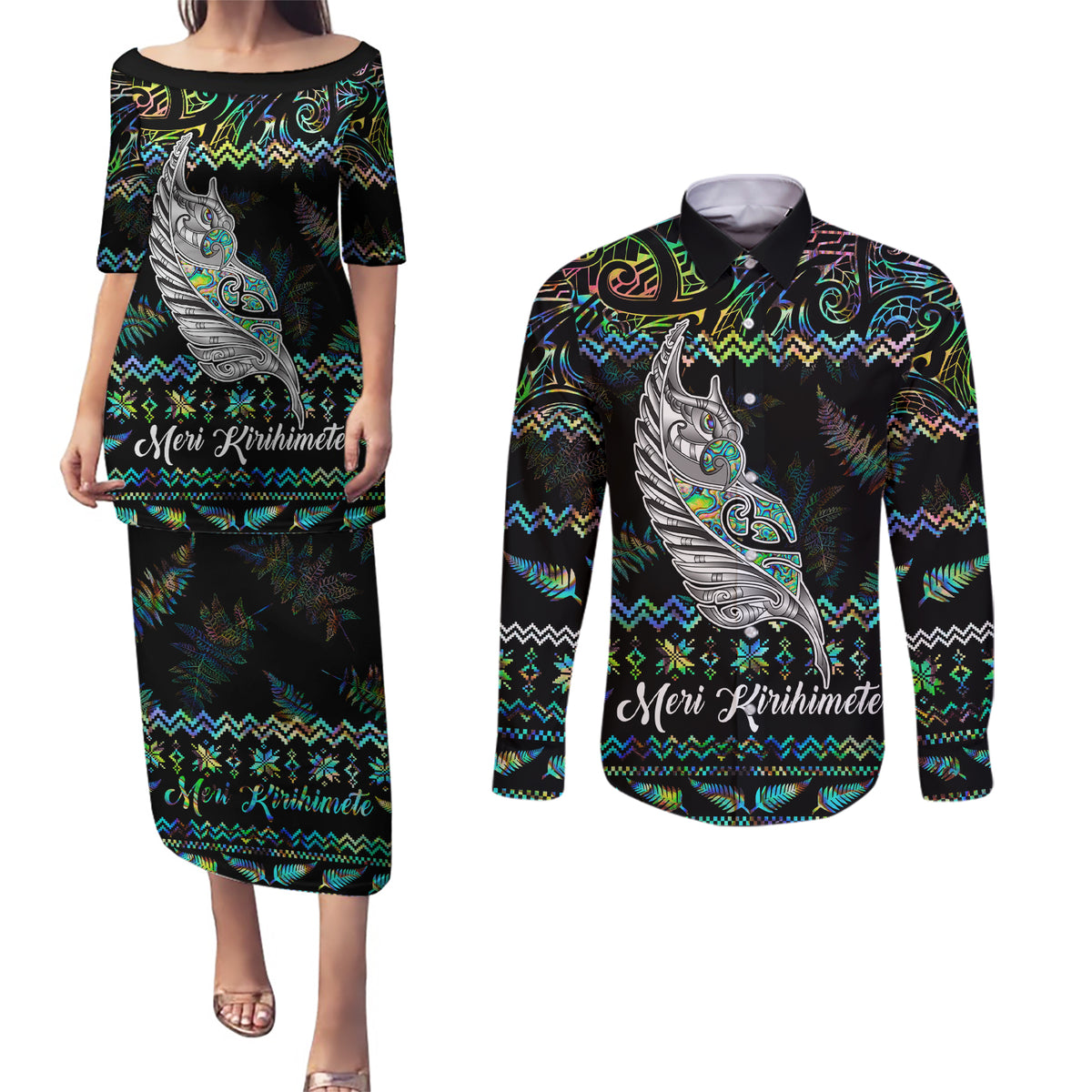 Personalised New Zealand Christmas Couples Matching Puletasi Dress and Long Sleeve Button Shirt Maori Fern Manaia Meri Kirihimete with Papaua Shell LT9 - Wonder Print Shop