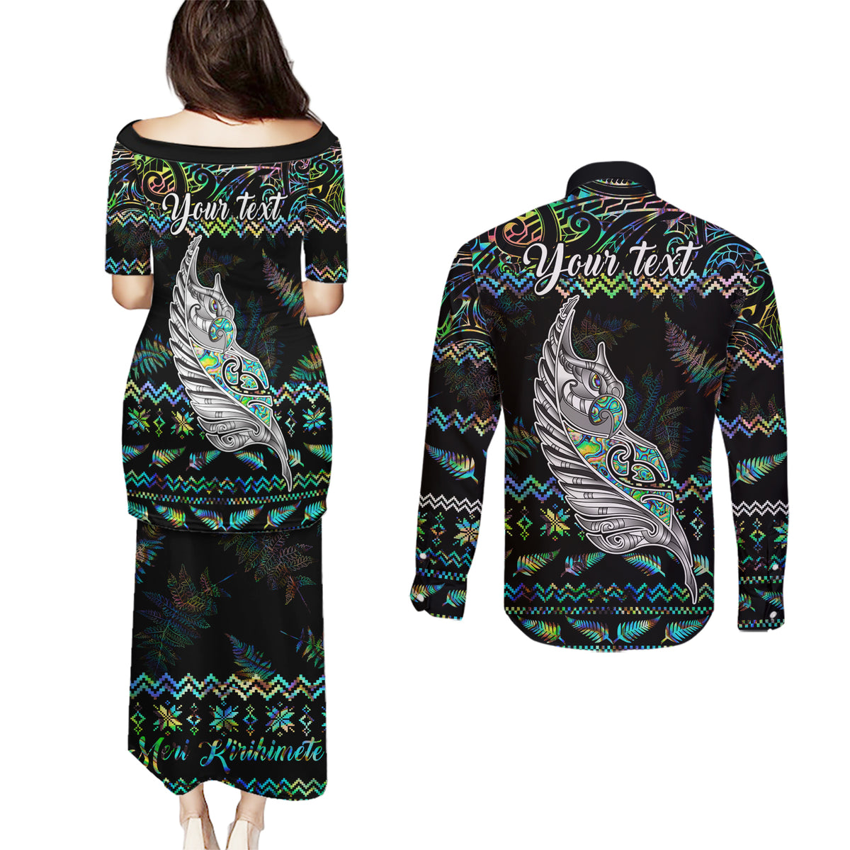 Personalised New Zealand Christmas Couples Matching Puletasi Dress and Long Sleeve Button Shirt Maori Fern Manaia Meri Kirihimete with Papaua Shell LT9 - Wonder Print Shop