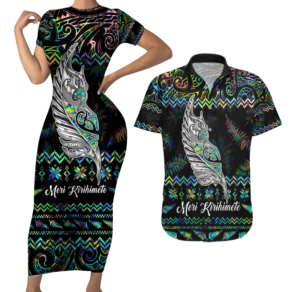 Personalised New Zealand Christmas Couples Matching Short Sleeve Bodycon Dress and Hawaiian Shirt Maori Fern Manaia Meri Kirihimete with Papaua Shell LT9 - Wonder Print Shop