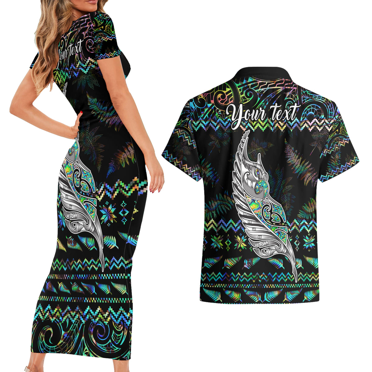 Personalised New Zealand Christmas Couples Matching Short Sleeve Bodycon Dress and Hawaiian Shirt Maori Fern Manaia Meri Kirihimete with Papaua Shell LT9 - Wonder Print Shop