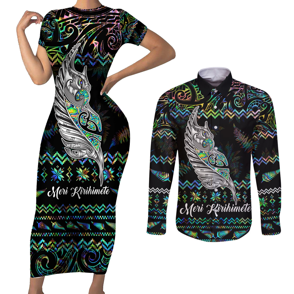 Personalised New Zealand Christmas Couples Matching Short Sleeve Bodycon Dress and Long Sleeve Button Shirt Maori Fern Manaia Meri Kirihimete with Papaua Shell LT9 - Wonder Print Shop