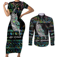 Personalised New Zealand Christmas Couples Matching Short Sleeve Bodycon Dress and Long Sleeve Button Shirt Maori Fern Manaia Meri Kirihimete with Papaua Shell LT9 - Wonder Print Shop