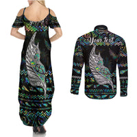 Personalised New Zealand Christmas Couples Matching Summer Maxi Dress and Long Sleeve Button Shirt Maori Fern Manaia Meri Kirihimete with Papaua Shell LT9 - Wonder Print Shop