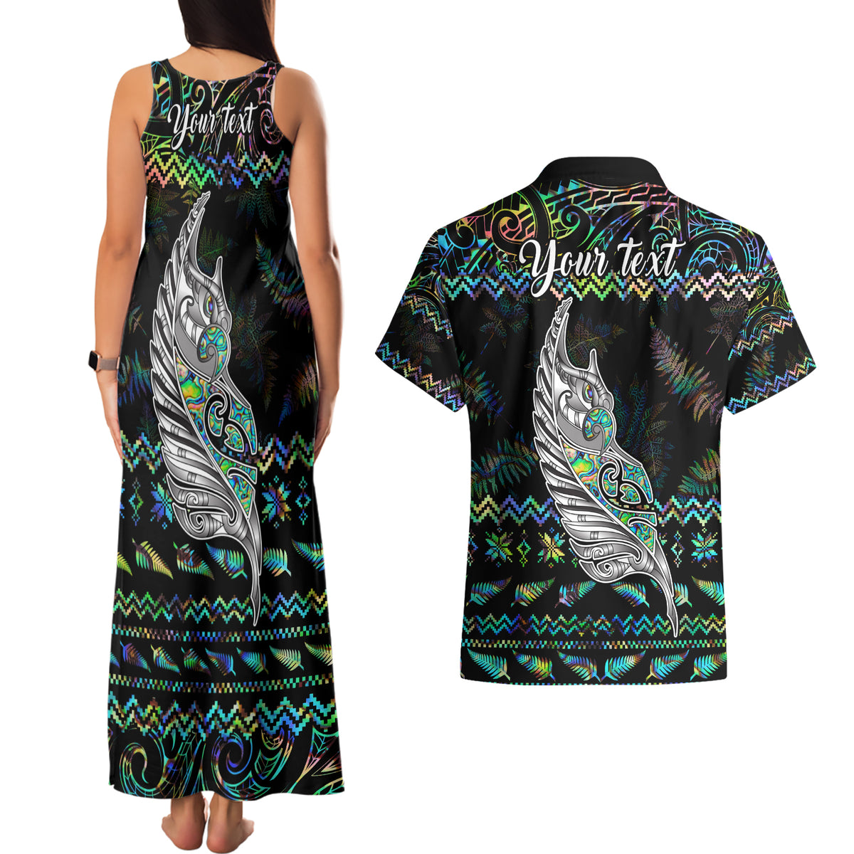 Personalised New Zealand Christmas Couples Matching Tank Maxi Dress and Hawaiian Shirt Maori Fern Manaia Meri Kirihimete with Papaua Shell LT9 - Wonder Print Shop