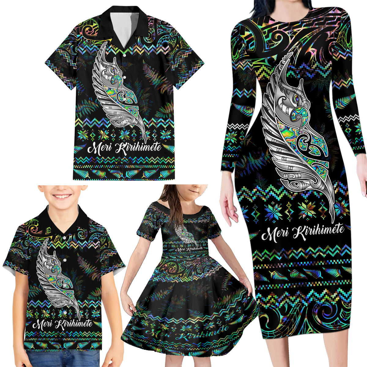 Personalised New Zealand Christmas Family Matching Long Sleeve Bodycon Dress and Hawaiian Shirt Maori Fern Manaia Meri Kirihimete with Papaua Shell LT9 - Wonder Print Shop